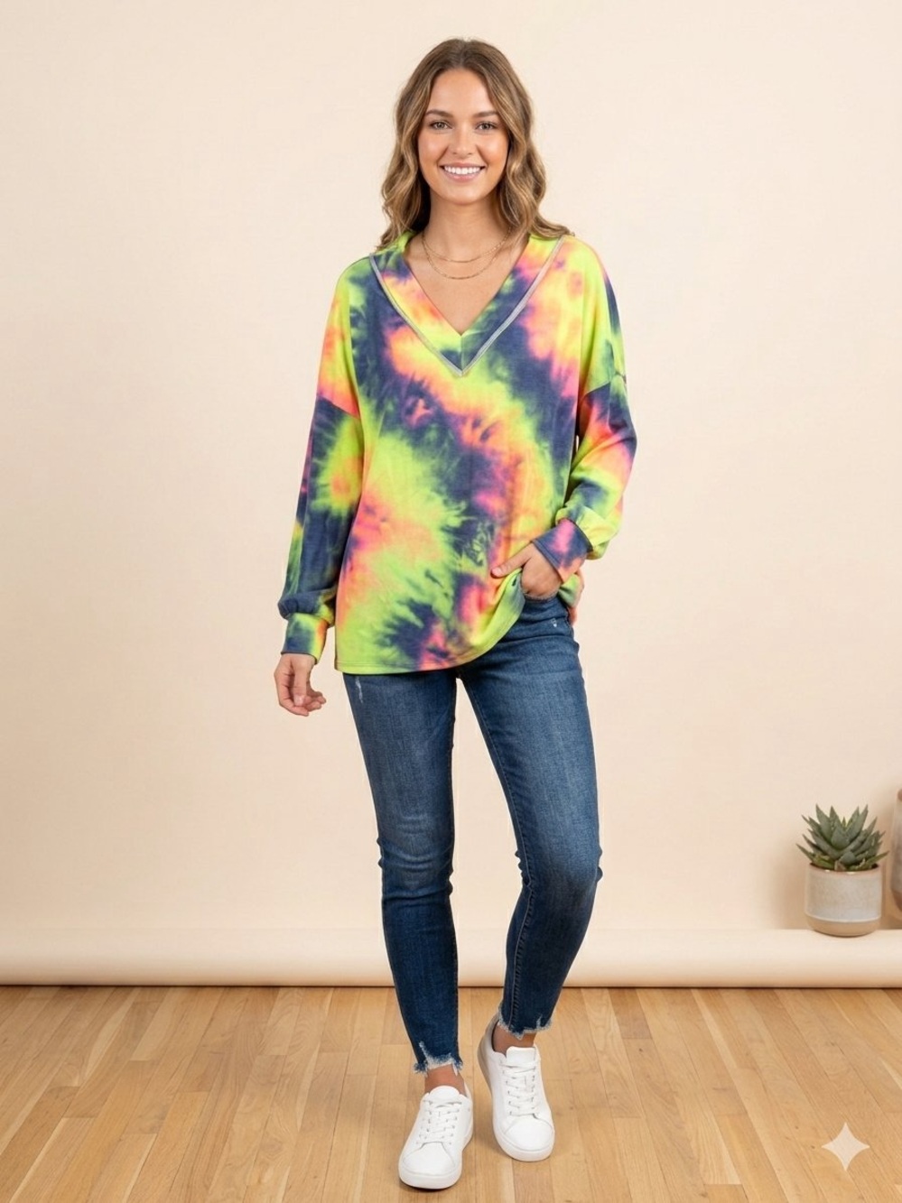 BiBi Neon Tie-Dye V-Neck Long Sleeve Top - Green Pink Yellow Purple